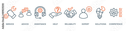 Support banner web icon vector illustration concept with icon of service, advice, assistance, help, reliability, expert, solutions and competence
