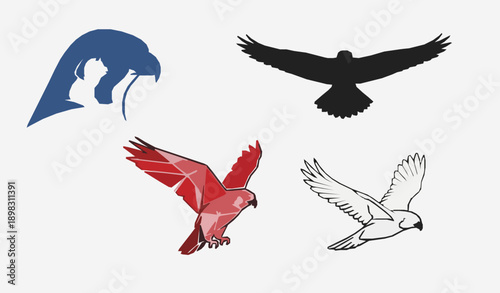 Minimal falcon bird icon and logo flat vector illustration set