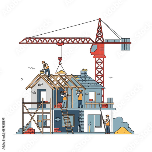 Construction site with workers building a house under a crane