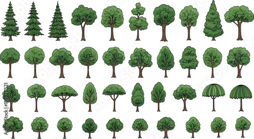 Large collection of hand-drawn green tree icons featuring pines deciduous oaks and tropical palms isolated on grey background for landscape design