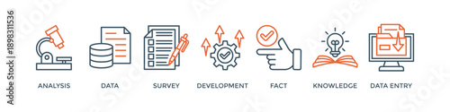 Research banner web icon vector illustration concept with icon of analysis, data, survey, development, fact, knowledge and data entry