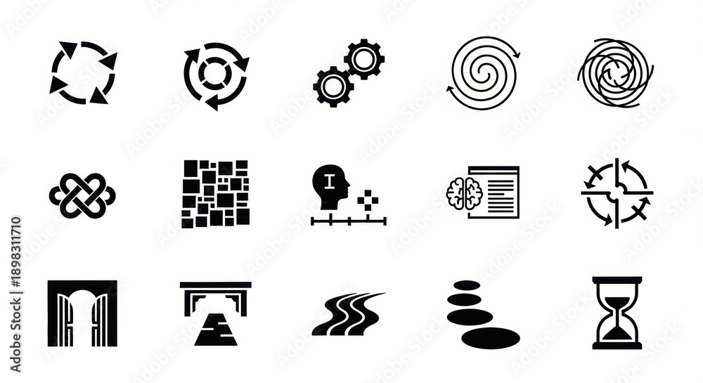 Obraz premium Collection of diverse conceptual icons depicting processes, cycles, structure, thought, data, goals, paths, balance, and time, ideal for modern visual design and communication