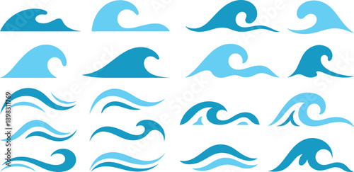 A collection of diverse stylized blue ocean wave patterns and water crests in various shapes and sizes