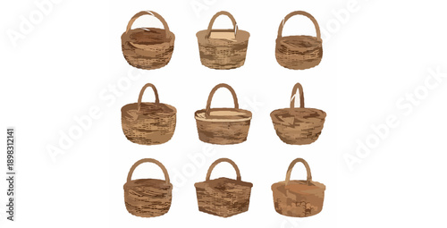Handmade wicker basket with handle flat vector set on white background
