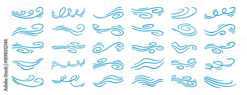 Airflow and wind lines set collection doodle hand drawn icon. Outline drawing breeze flow line clipart symbol.