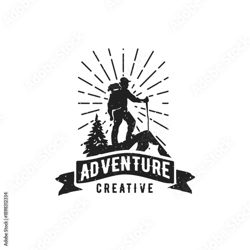 Vintage Distressed Hiker Silhouette Logo on Mountain with Pine Tree, Sun Rays, and Adventure Creative Text
