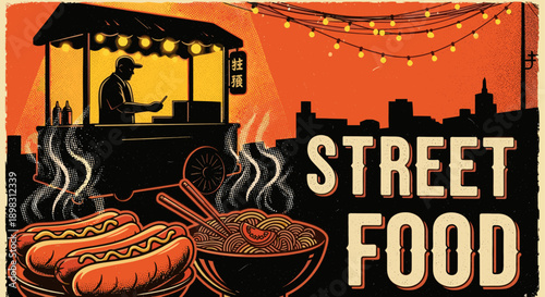 Vibrant illustration of a street food vendor with hot dogs and noodles against a cityscape. Great for food blogs, restaurant promotions, or travel guides.