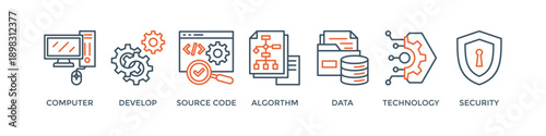 Programming banner web icon vector illustration concept with icon of computer, develop, source code, algorithm, data, technology and security