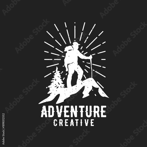 Vintage Adventure Hiking Logo with Hiker Silhouette on Mountain, Pine Tree, and Sunburst Design for Outdoor Exploration