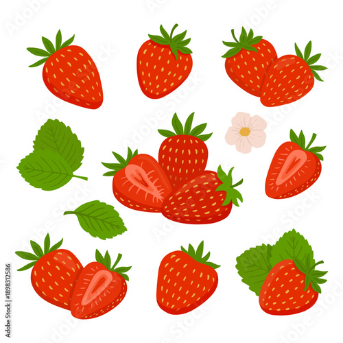 big set of Strawberry isolated on white background. Strawberry in flat style. Berries for menu, label, recipe, farm product packaging. Vector illustration 