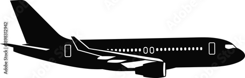 Passenger airplane silhouette illustration featuring commercial jet aircraft side view isolated black shape aviation travel transportation design