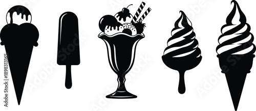 Black silhouette ice cream collection featuring cones popsicle sundae and soft serve icons isolated on white background for dessert menu branding design projects