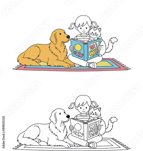 Cute cartoon girl reading book with dog and cat vector illustration. Happy child sitting with pets and coloring book page outline for education.