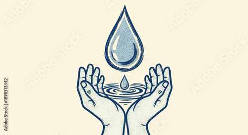 Illustration of hands catching a water drop. Symbolizes water conservation, nature, purity, and care. Useful for environmental campaigns, ecological projects, and water-related businesses.