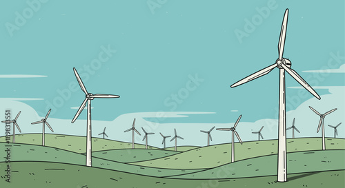 Illustration of multiple wind turbines generating renewable energy atop green rolling hills beneath a blue sky, ideal for environmental and sustainable themes.