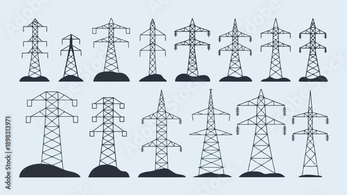 Illustrative collection of monochromatic power transmission towers against a light background high quality