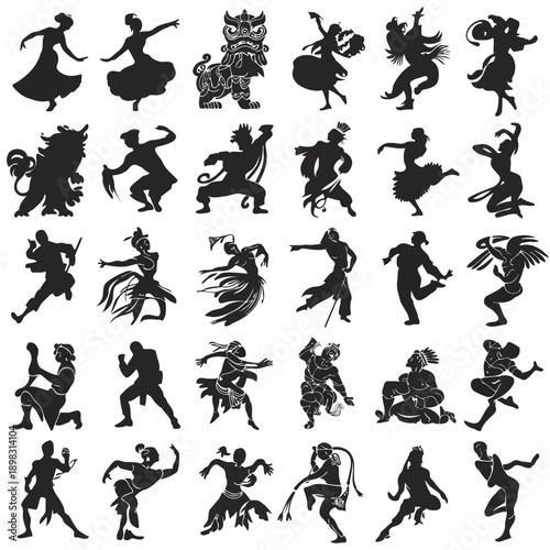 Silhouettes of flamenco dancers and guitar arranged in a dense artistic grid pattern
