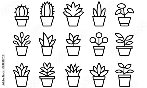 Fifteen different potted plants and cacti are illustrated in a simple black line art style on a white background showcasing various shapes and sizes for use in gardening or floral design projects