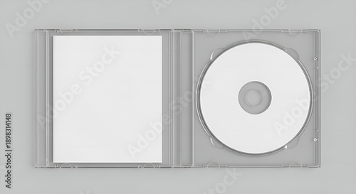 blank dvd case, Open clear plastic CD jewel case with blank white disc and insert for branding. Mock-up of compact disc packaging on soft gray background. Represents digital storage, music or software