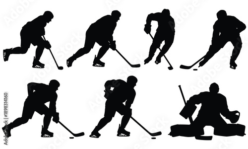Silhouettes of hockey players and goalie in various poses on ice, showcasing dynamic movements and actions, highlighting the intensity and skill of the sport, set against a clean white background 