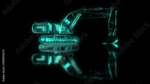 overlay futuristic holographic hydraulic excavator hud interface with digital wireframe schematics and construction machinery data