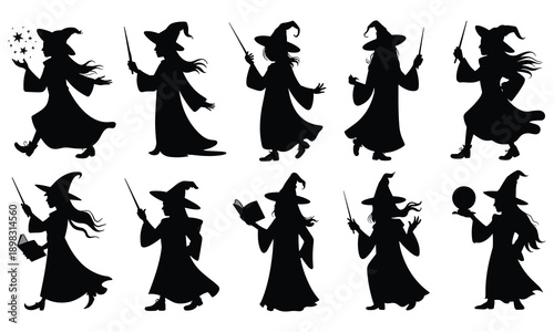 Collection of black silhouettes featuring witches in various poses with wands, books, and magical objects on a white background, showcasing different magical themes and fantasy elements in a visually 