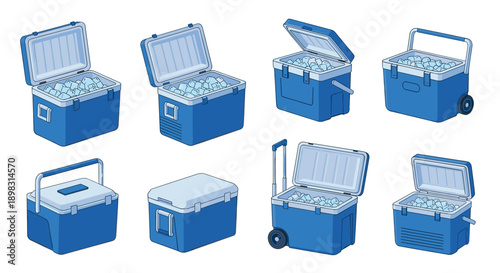 Selection of blue portable ice chest coolers shown in various states like open with ice closed and with wheels for travel.