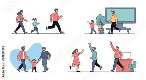 Group of people in various social settings shows family members walking holding hands and running for healthy exercise.