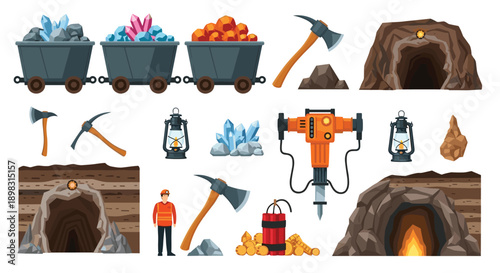 Comprehensive set of mining icons features mineral carts tools like pickaxes and jackhammers and mine tunnels.