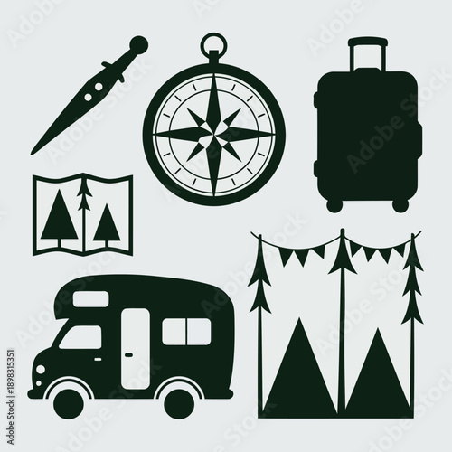 Travel and adventure icons a knife compass suitcase camper tent and mountains