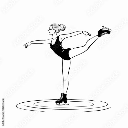 Patineuse artistique en équilibre sur glace – illustration noir et blanc