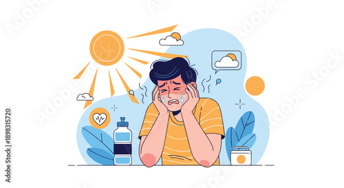 Young man suffering from extreme heat and sunstroke under a blazing sun with symptoms of dizziness, sweating, and dehydration clearly depicted.