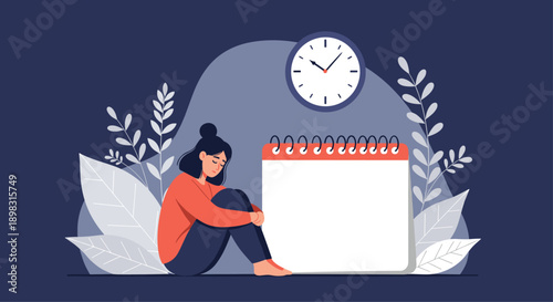Lonely woman sitting in a dark room next to a large blank calendar and wall clock representing depression, waiting, and the passing of time.