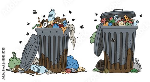 Dirty and overflowing trash bins full of household waste attracting flies and causing environmental pollution problems in urban city areas.