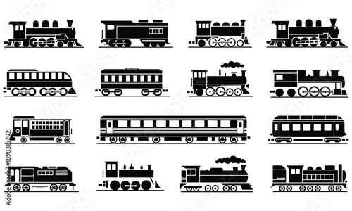 Collection of diverse black silhouettes of vintage steam locomotives and passenger cars on a white background showcasing various designs and styles for transportation and travel themes.
