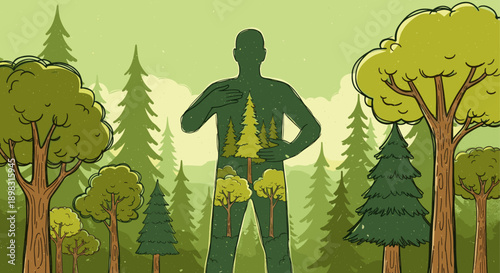 Illustrated man silhouette filled with cartoon trees stands in a forest. Concept image for nature, health, or environmental campaigns.