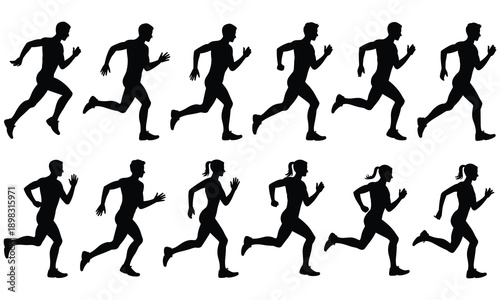Running silhouettes of men and women in various poses on white background, perfect for fitness and sports themes, showcasing dynamic movement and athleticism in a simple and versatile design.
