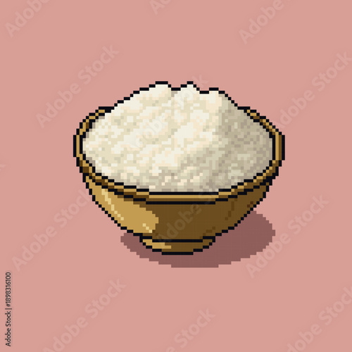 Pixel art bowl of steamed white rice in traditional ceramic dish with golden rim on soft pink background. Vector illustration of plain cooked rice served in a classic Japanese-style bowl in 8-bit