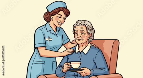 Cartoon illustration of a nurse attending to an elderly woman, offering care and companionship. The senior woman sits comfortably holding a tea cup. Concept for home healthcare, assisted living.