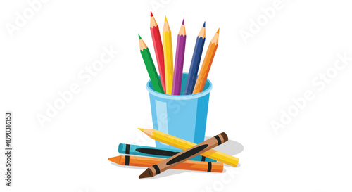 Collection of colorful wooden pencils and wax crayons in a blue plastic cup along with some scattered pieces on a plain white background.
