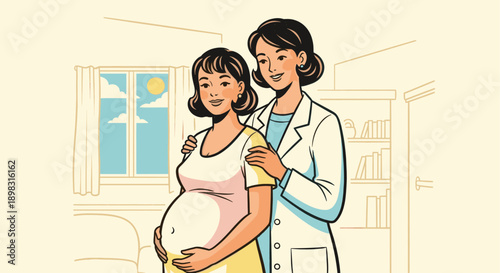 Cartoon illustration of a pregnant woman at a clinic with a doctor. Retro-style design suitable for pregnancy announcements, medical brochures, and healthcare campaigns.