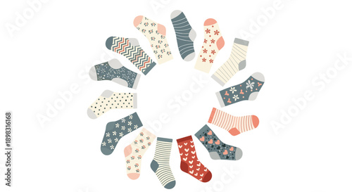 Variety of colorful socks with different patterns like stripes, hearts, and flowers arranged in a circular frame on a plain white background.