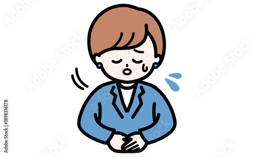 システムトラブルやエラーを申し訳なく謝罪する女性スタッフ。信頼回復と誠実な対応のイラスト。