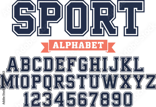 Navy Blue Sport Alphabet and Numbers Set with Varsity Slab Serif Typography and Orange Banner Detail for Athletic Branding