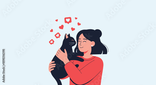 Happy young girl holding and hugging her affectionate black cat with small pink heart icons floating above representing deep pet love.