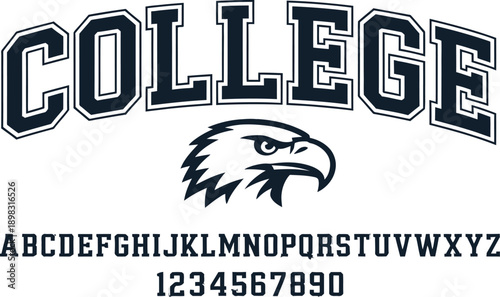 College Varsity Alphabet and Numbers Set with Eagle Mascot Head and Arched Text in Bold Navy Blue Slab Serif Font
