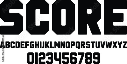 Bold Score Athletic Font Set with Black Block Alphabet and Numbers for Sports Scoreboard and Team Branding Design