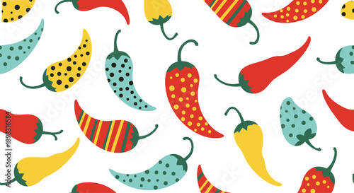 Seamless background pattern featuring stylized chili peppers with dots, stripes, and solid colors on a clean white background for kitchen decor.