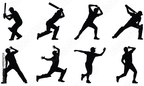 Collection of black silhouettes of cricket players in various batting and throwing poses on white background, ideal for sports design and graphics, showcasing dynamic movement and action.

