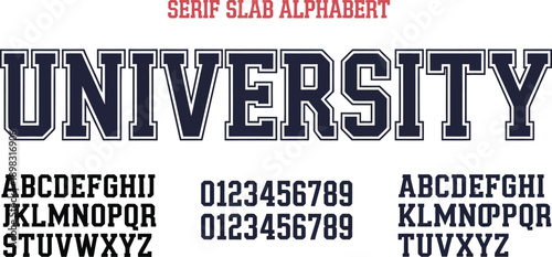 Navy Blue University Alphabet and Numbers Set with Classic Slab Serif Font for Collegiate Sports and Team Branding